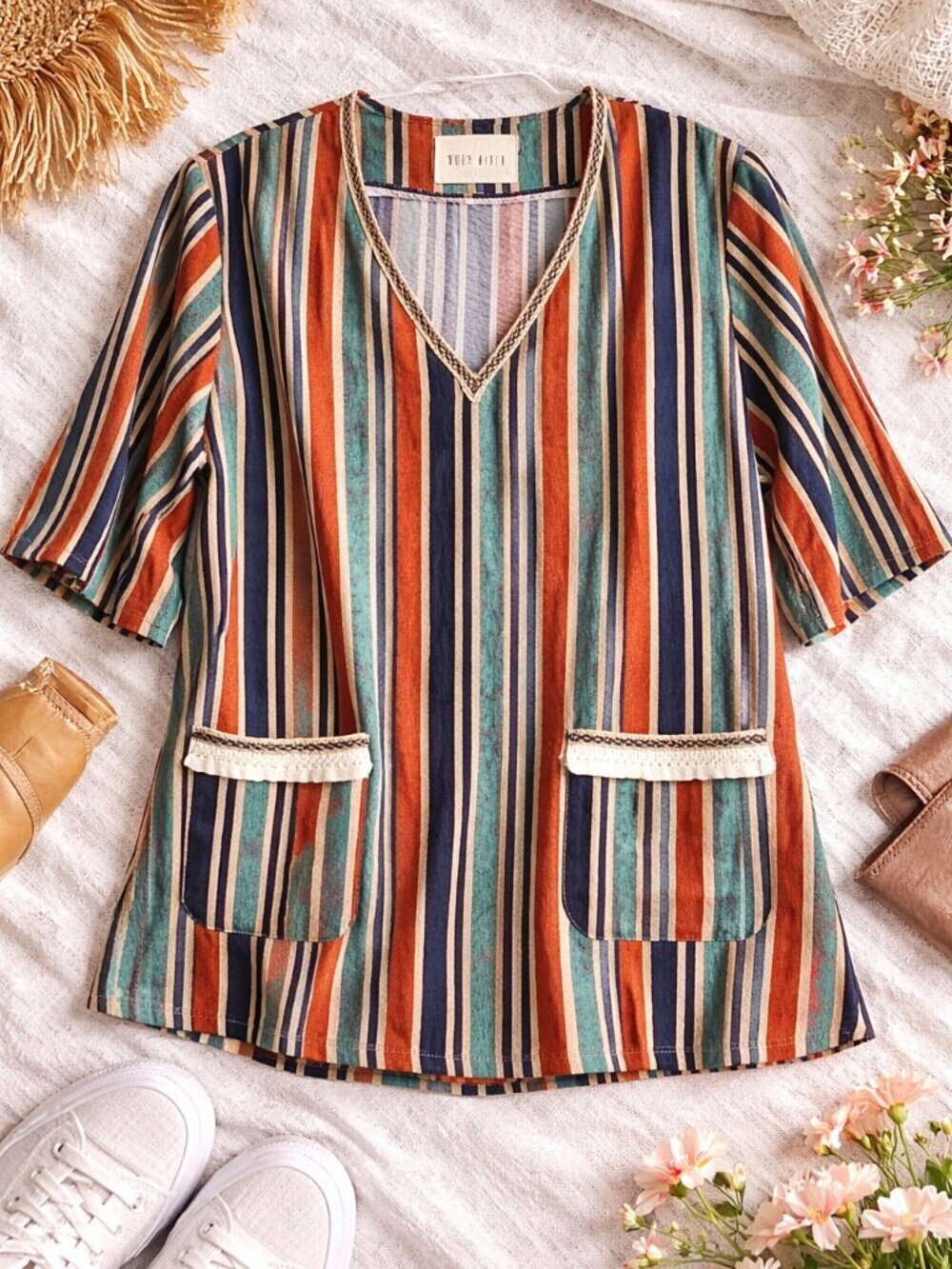Moon River Striped Tunic Top S Boho Festival V Neck Pocket Blouse